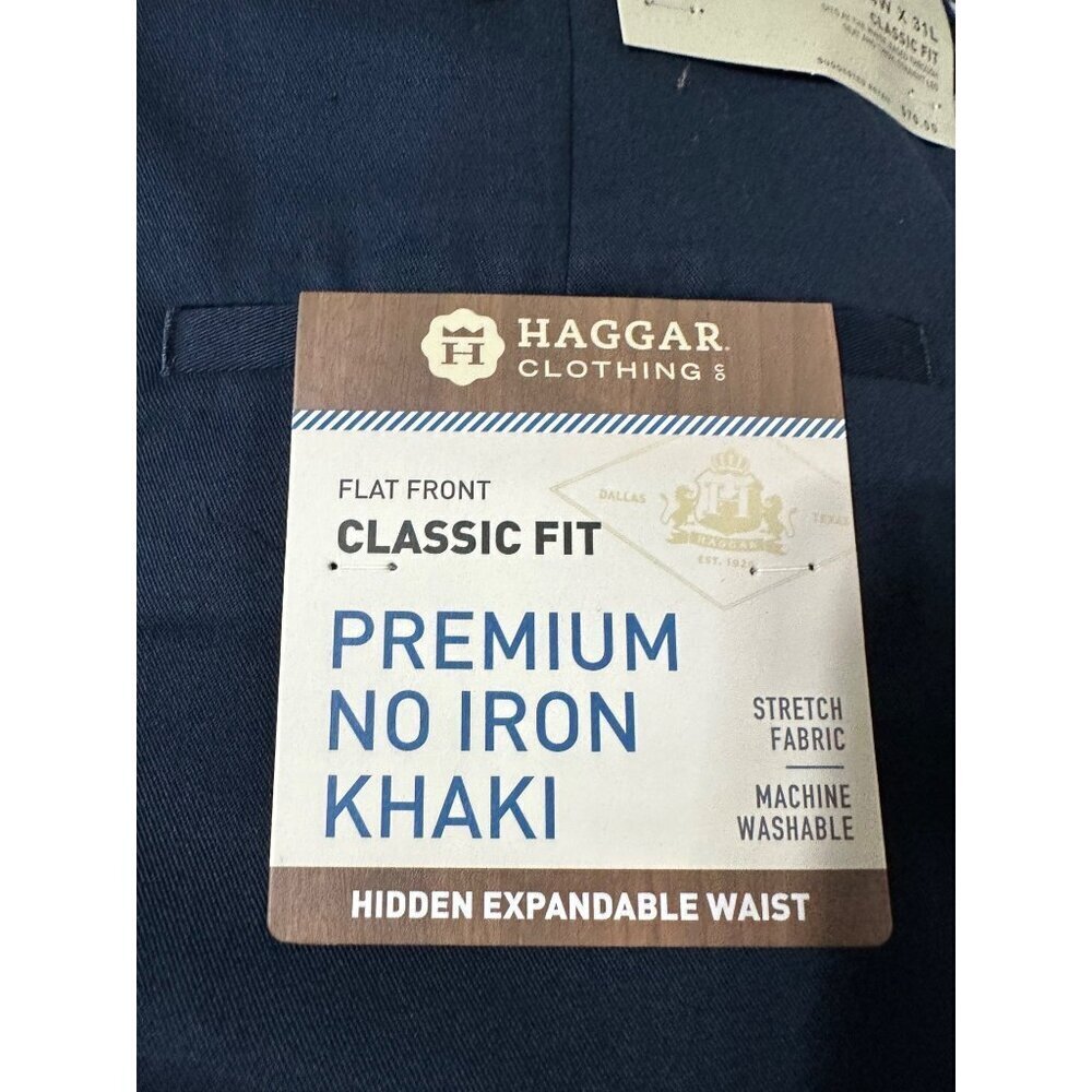 Haggar Mens Premium No Iron Khaki Classic Fit Pants Dark Navy 34W X 31L NWT